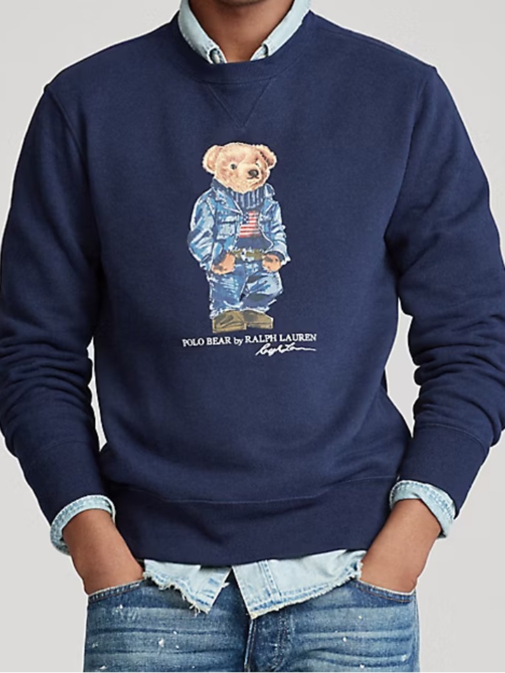 Polo Ralph Lauren Sweatshirt Denim USA bear— Navy Blue Crewneck— Men’s Medium